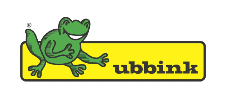 Ubbink-logo med en smilende grøn frø til venstre og teksten 'ubbink' i sort på et gult rektangel