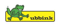 Ubbink-logo med en smilende grøn frø til venstre og teksten 'ubbink' i sort på et gult rektangel