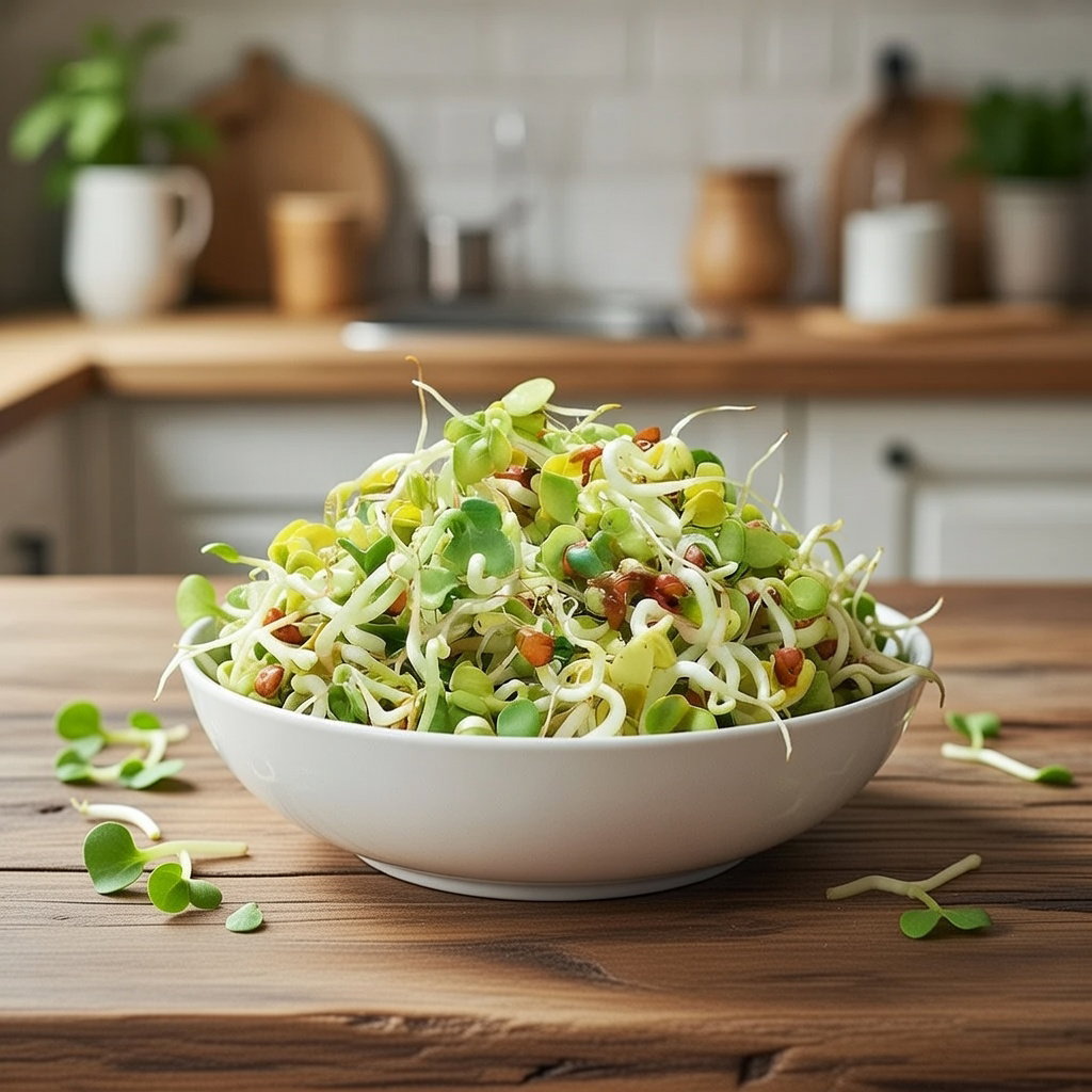 Skål med friske radisespirer dyrket fra Økologiske radisespirer frø 30 g fra Buzzy – sprøde, grønne og peberagtige spirer, ideelle som tilbehør til salater, sandwiches og wraps