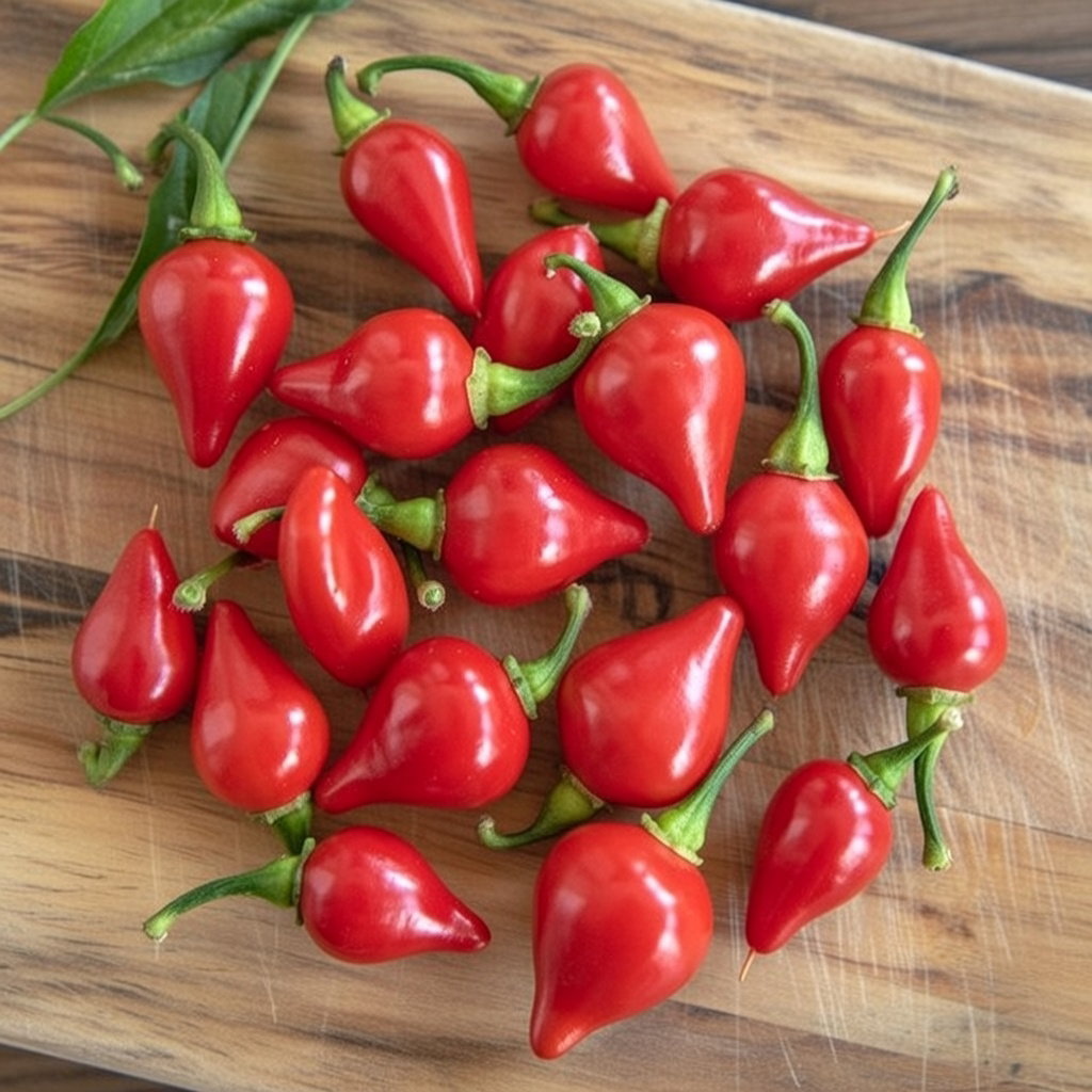 Røde Biquinho-chilier på træskærebræt, små tårnformede frugter med grøn stok; illustration til chili frø 'Biquinho' fra Horti Tops, mild og sød – velegnet til salater, tapas og marinering.