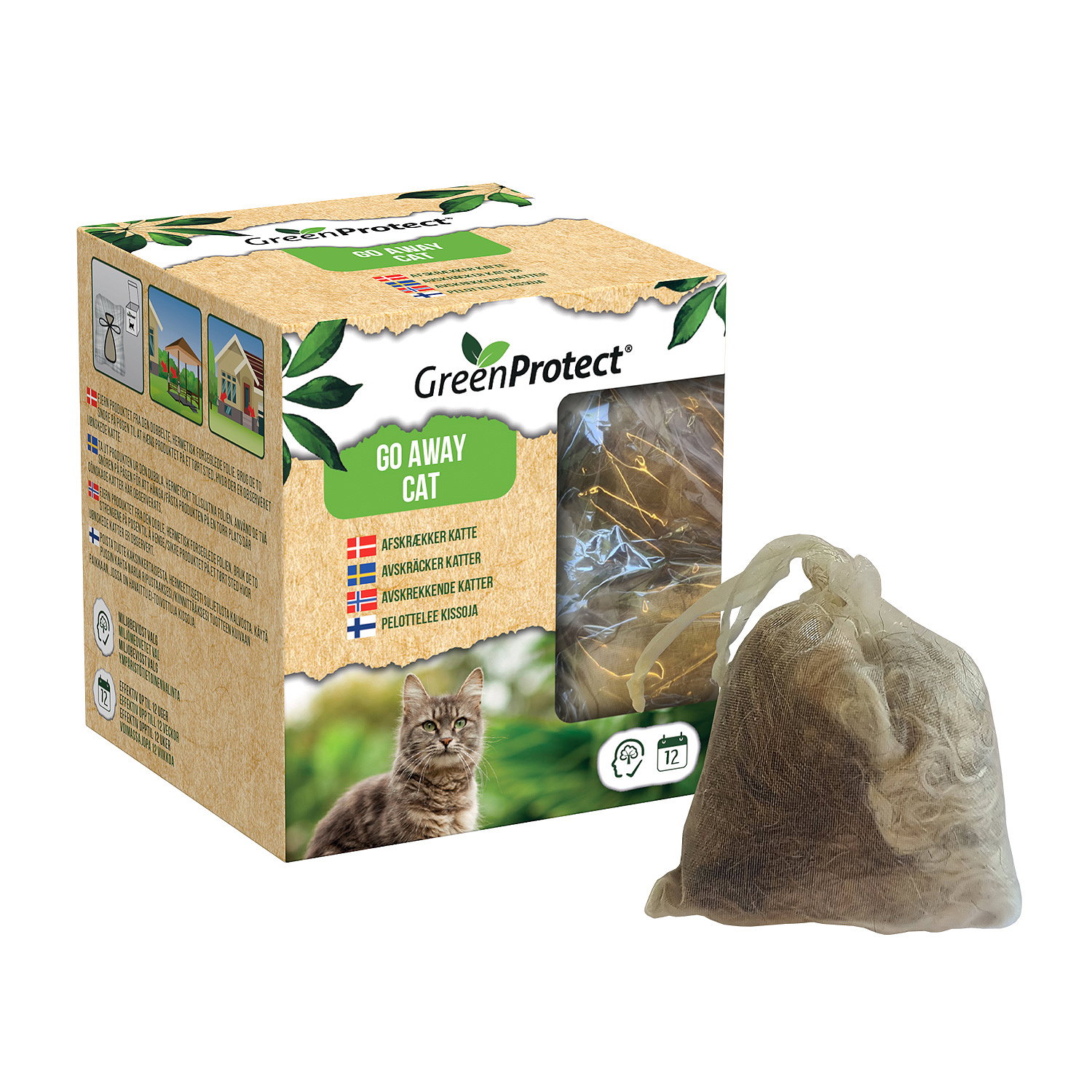 GreenProtect Katteafskrækker 'Gå væk kat' – lugtbaseret afskrækningspose til udendørs brug, 2 stk Produktbillede af GreenProtect Katteafskrækker 'Gå væk kat' i æske med to lugtposer, naturlig duft der holder katte væk fra haver, bede, indkørsler og terrasser, skånsom mod dyr