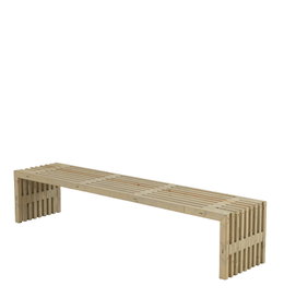 Lang bænk i lyst træ med lameller Minimalistisk lang træbænk med lameller