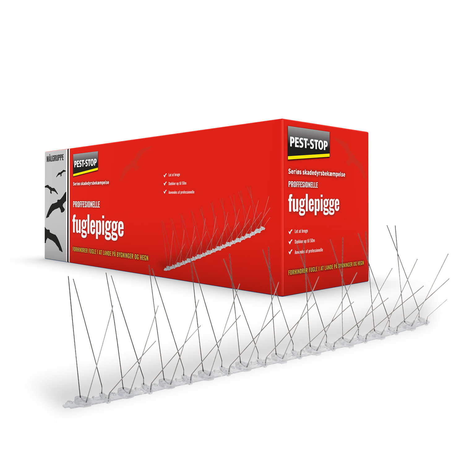 Pest-Stop Fuglepigge Proff - 10 stk | Professionelle fuglepigge til gesimser, altaner og hegn Produktbillede af Pest-Stop Fuglepigge Proff 10 stk: rød emballage med 10 modulære fuglepigge i plast med rustfri ståltråde, mekanisk fugleafskrækkende løsning til udendørs brug uden gift eller strøm, til montering på bygningskanter og hegn