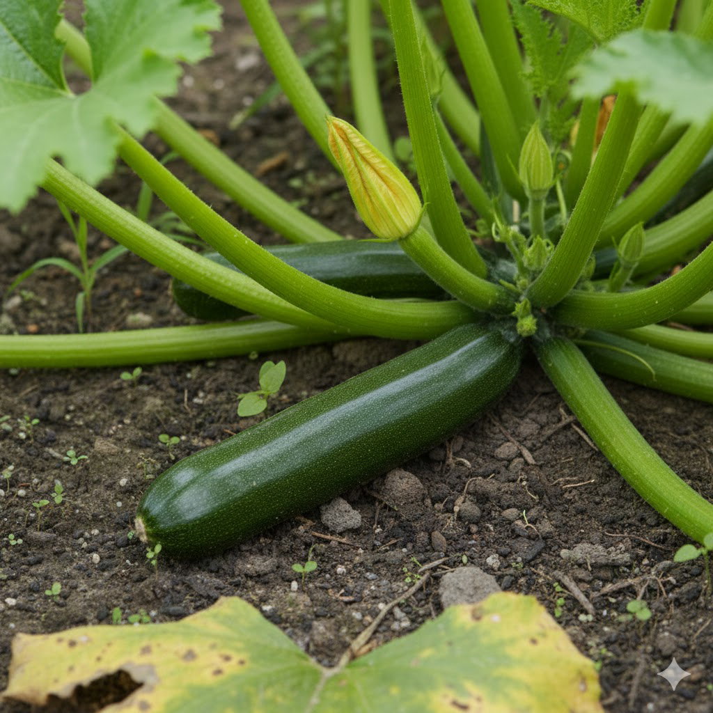 Modnende mørkegrøn squash på planten med gult blomsterknop; Økologisk Squash frø 'Partenon F1' fra Buzzy Organic, produktiv sort der høstes ved ca. 15–20 cm, velegnet til grill, bagning og gryderetter