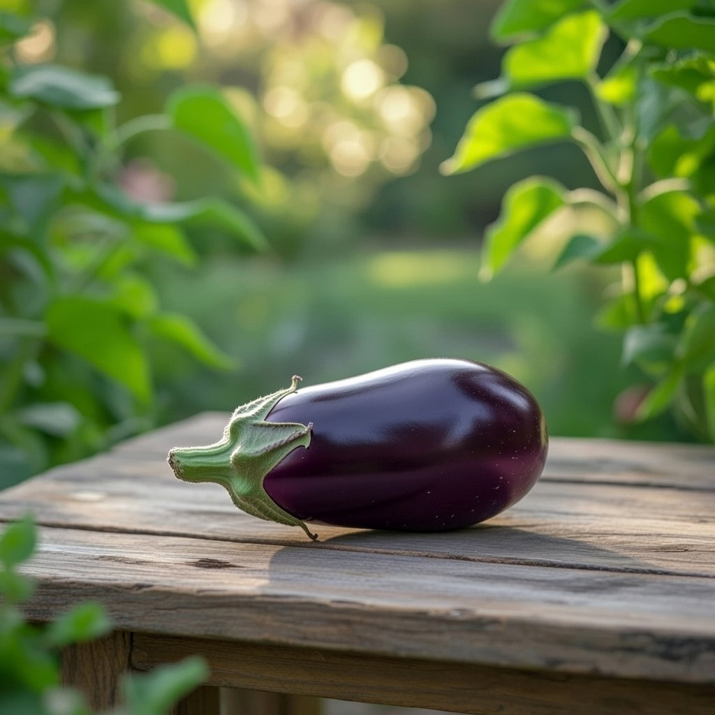 Økologisk aubergine 'Black Beauty' lagt på træbord i drivhusmiljø – mørklilla, blank frugt; passende frø til drivhusdyrkning, varmekrævende sort, nedsat pris pga. sidste salgsdato