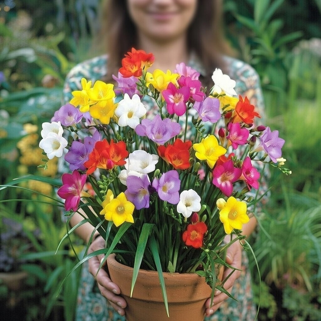 Potte med økologiske fresiaer i blandede farver (hvid, gul, lilla, rød), Single Mix 10 løg fra Florex. Lange slanke stængler og rørformede blomster, perfekte som snitblomster; plant i solrigt bed.