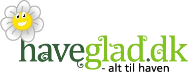 Haveglad.dk logo med grøn skrift, smilende hvid blomst og sloganet "alt til haven"