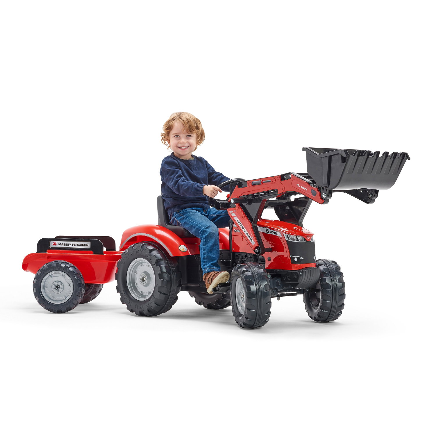 Rød pedaltraktor med frontlæsser og trailer Barn kører rød pedaltraktor med læsser og trailer