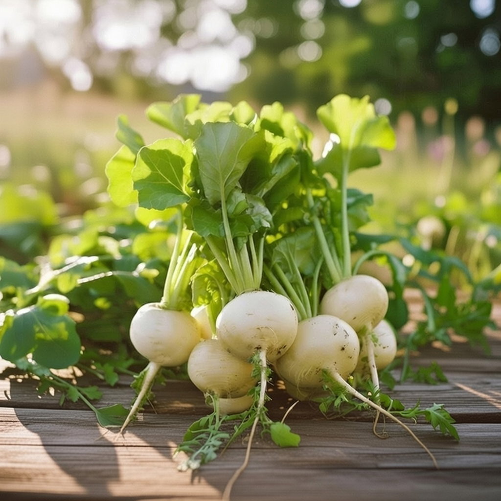 Billede af nyhøstede hvide majroer (Platte Witte Mei) med grønne toppe lagt på træbord; produktbillede til økologiske majroe-frø 3 g fra Buzzy Organic, velegnet til salater, wok og puréer.