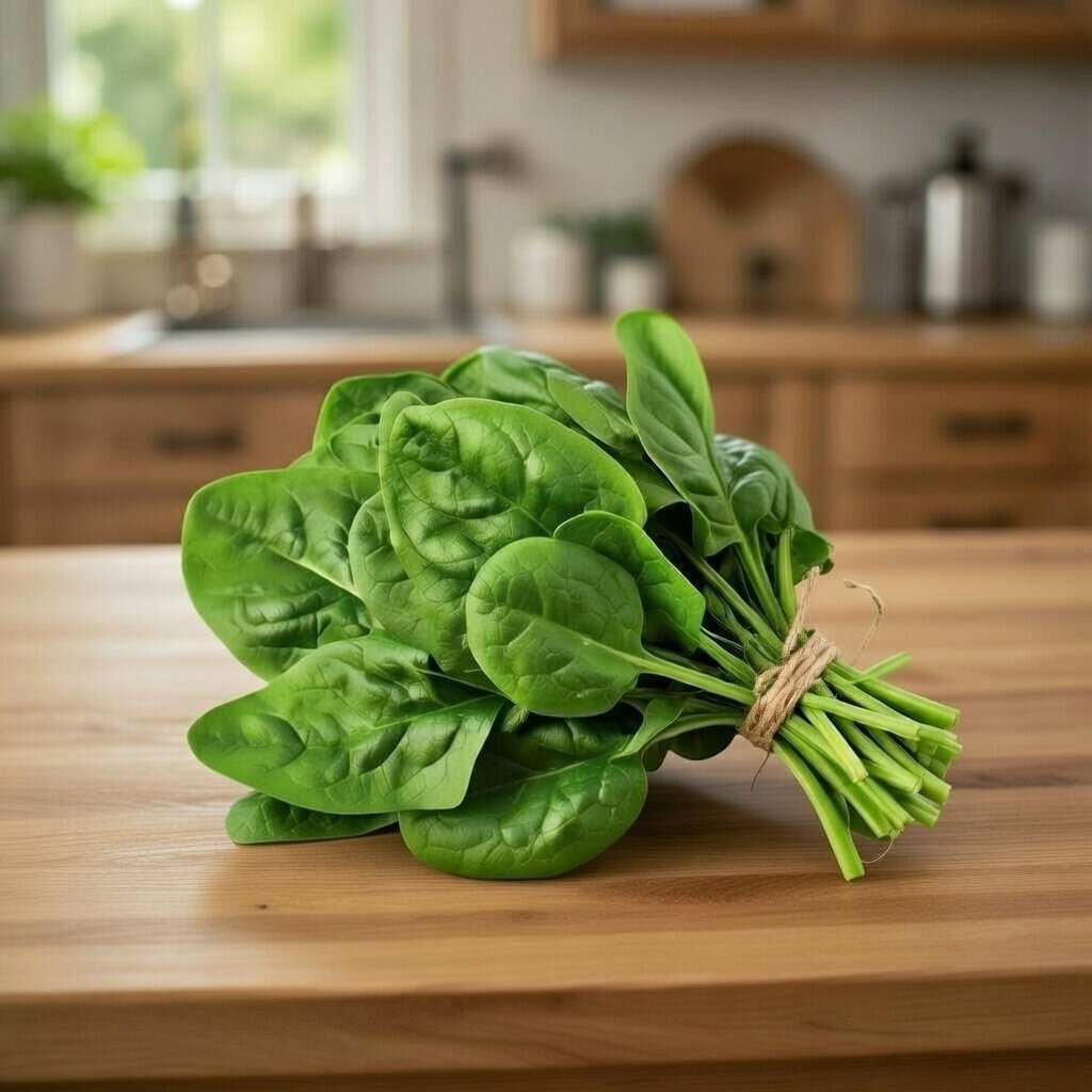 Buket friske mørkegrønne spinatblade på køkkenbord, illustrerer Økologisk Vroeg Reuzenblad spinatfrø fra Buzzy Organic – tidlig, hurtigtvoksende og velegnet til salater, smoothies og let tilberedning