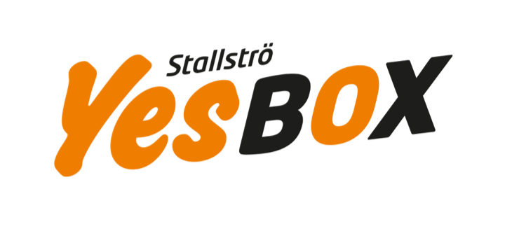 YesBOX-logo – Stallströ i orange og sort YesBOX-logo med teksten Stallströ i orange og sort