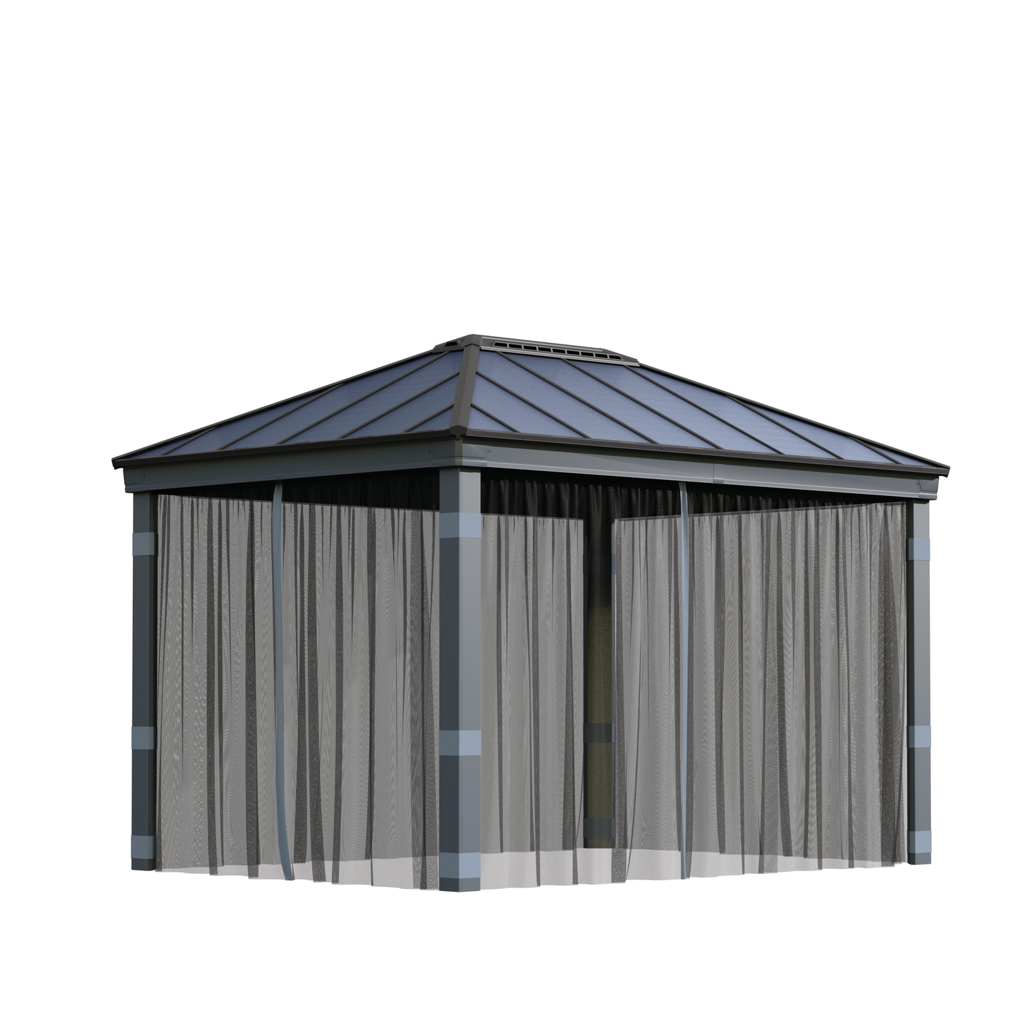 Rektangulær havepavillon med gardiner og fast tag