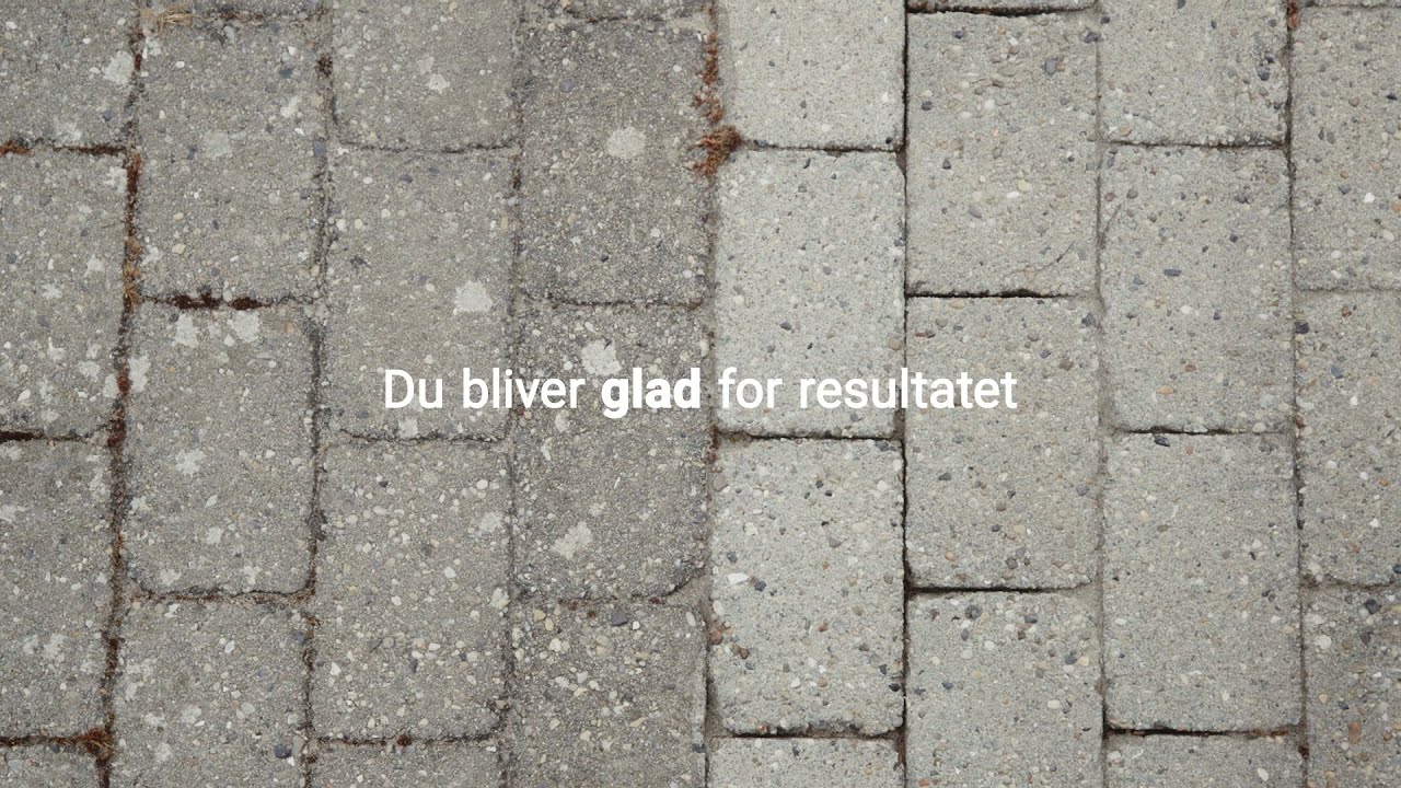 Visning af betonfliser før og efter rens med teksten 'Du bliver glad for resultatet'. Bollerup Jensen Fliserens koncentreret 2,5 l (giver 25 l færdigblandet) fjerner effektivt snavs og belægninger på indkørsler, terrasser og gangarealer.