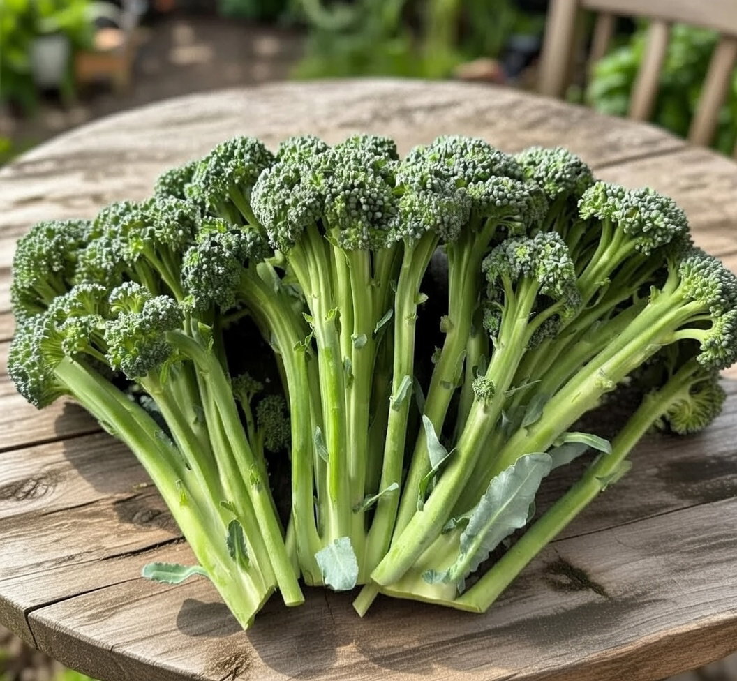 Montobello F1 broccoli: friske lange skud lagt på et træbord. Horti Tops sort, anbefales til forspiring; trives i solrig, næringsrig og veldrænet jord, giver gentagen høst over tid.