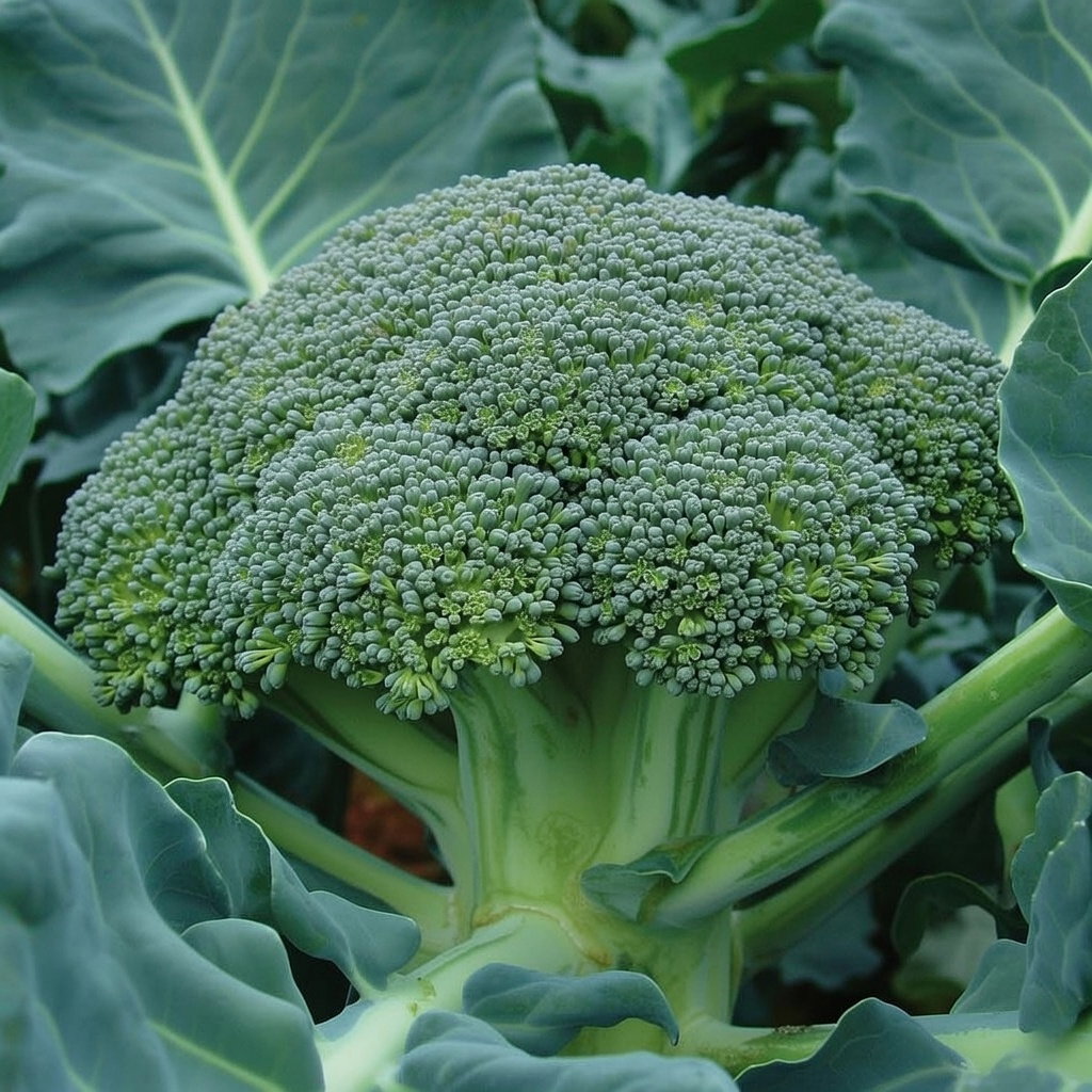 Frisk hoved af grøn broccoli (Belstar F1) i køkkenhaven. Økologiske broccoli frø fra Buzzy Organic, nem at dyrke, egnet til høst juli-oktober, kan spises rå eller tilberedes.