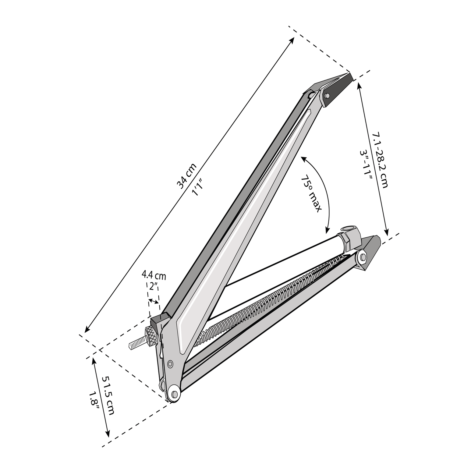 Justerbar lampearm med mål Diagram af justerbar lampearm med mål i cm og tommer