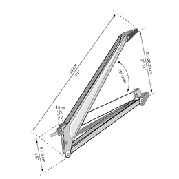 Justerbar lampearm med mål Diagram af justerbar lampearm med mål i cm og tommer