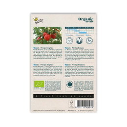 Økologiske tomatfrø Principe Borghese Buzzy Organic Seeds tomat Principe Borghese frøpose bagside