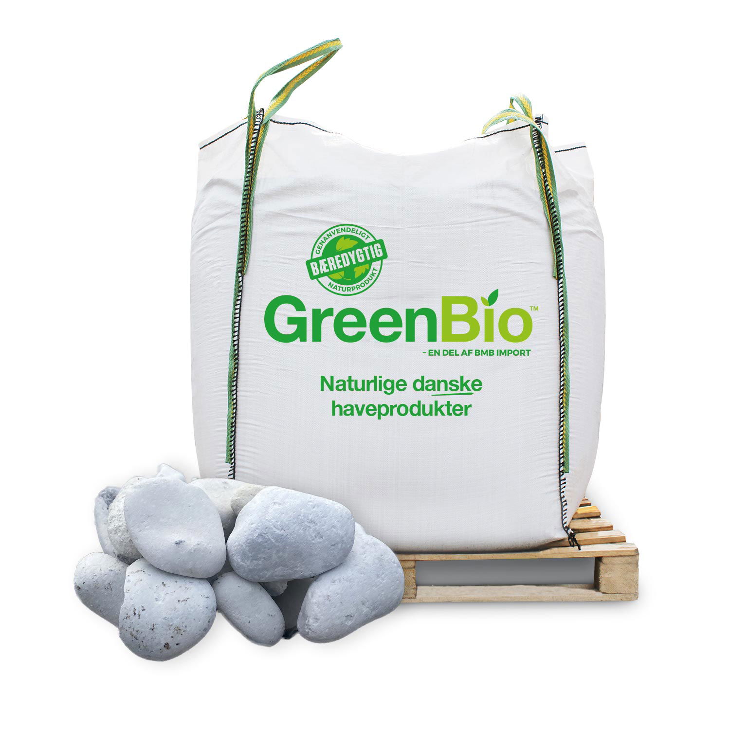 GreenBio hvide pyntesten 16-32 mm - dekorative nøddesten til indkørsel, dræn og have GreenBio stor bigbag med hvide pyntesten 16-32 mm på palle og nærbillede af runde hvide nøddesten, robust naturprodukt velegnet til indkørsel, dræn og haveanlæg, dansk produceret