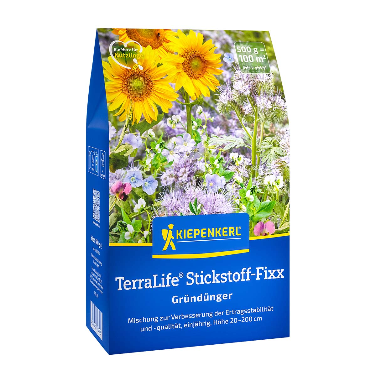Forside af Kiepenkerl TerraLife grøngødningspose med solsikker og blomster, 500 g dækker 100 m²; blanding af hurtigtvoksende bælgplanter til kvælstofbinding og forbedring af jordens frugtbarhed