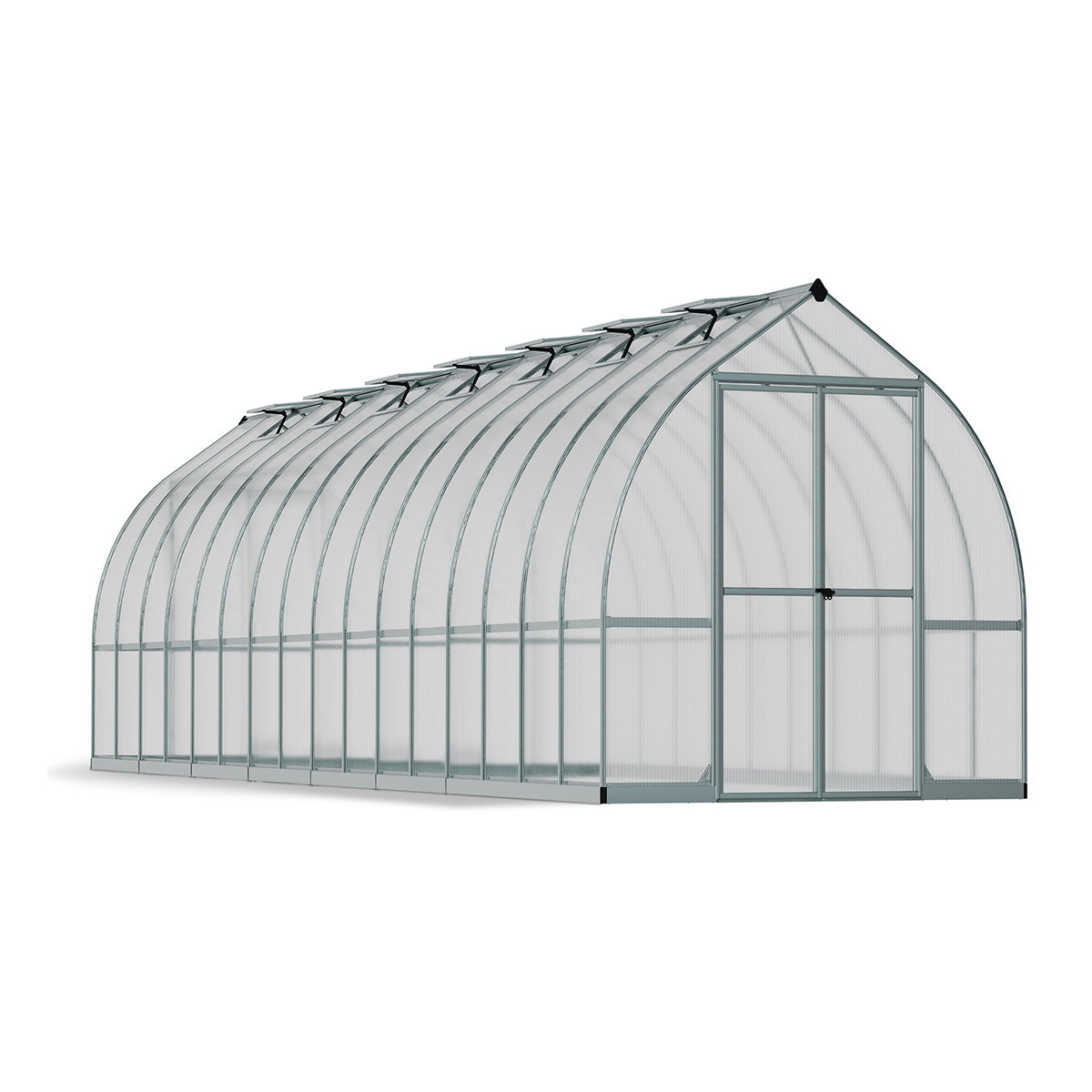 Drivhus Bella 22,5 m² sølv – Palram Canopia | Klokkeformet 2,4 m bredt drivhus med dobbeltdøre, aluminiumramme og polycarbonat paneler Drivhus Bella 22,5 m² i sølv fra Palram Canopia, klokkeformet 2,4 m bredt drivhus med rustfri aluminiumsramme, dobbeltdøre og dobbeltvæggede polycarbonatpaneler (UV-beskyttet)