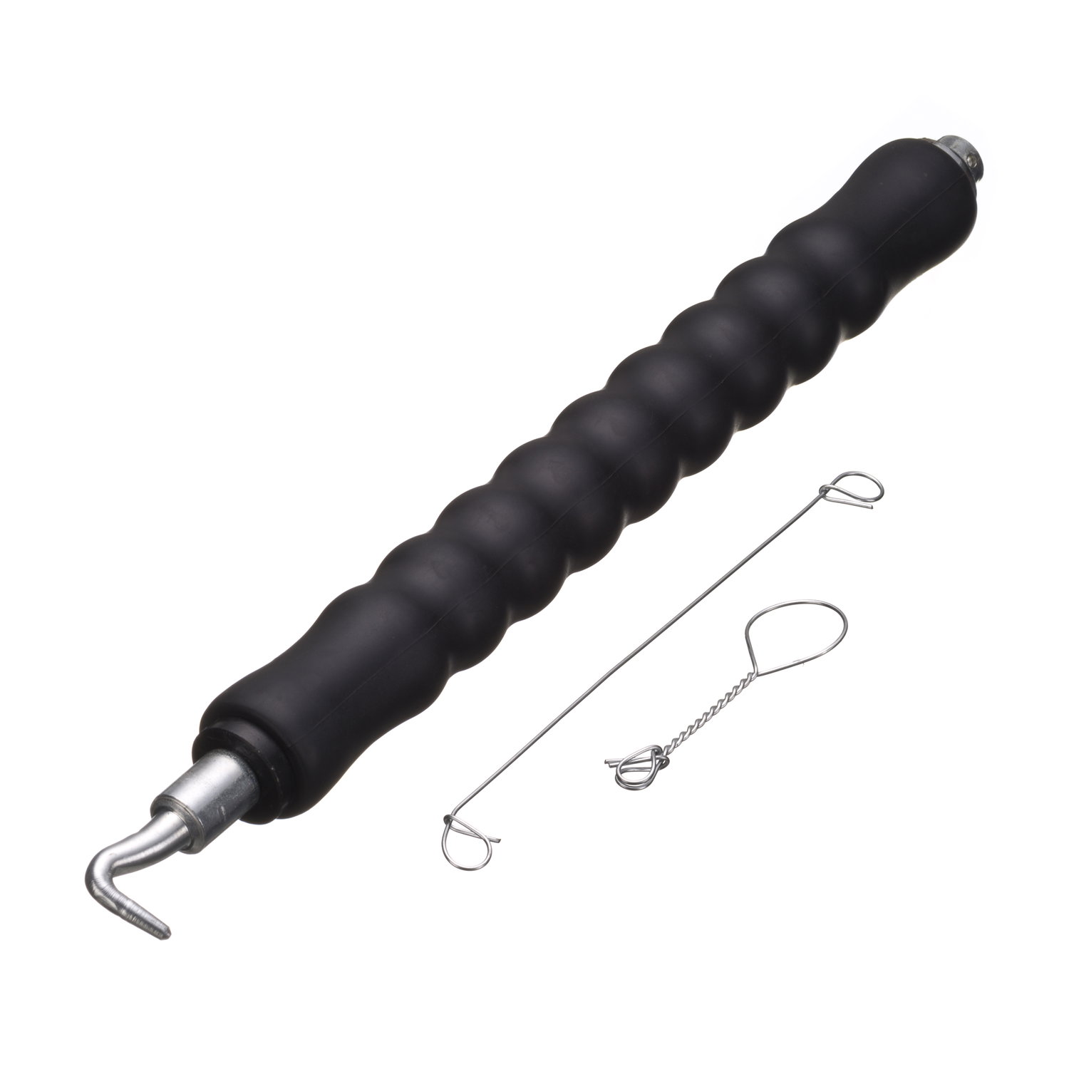 Trådstrammer med ergonomisk gummigreb og krog samt 50 galvaniserede trådsamlere. Praktisk værktøj til samling og fastgørelse af trådhegn og net, velegnet til havehegn og udendørs brug.