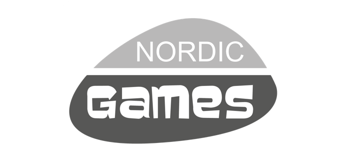 Nordic Games-logo med hvid tekst på grå oval baggrund