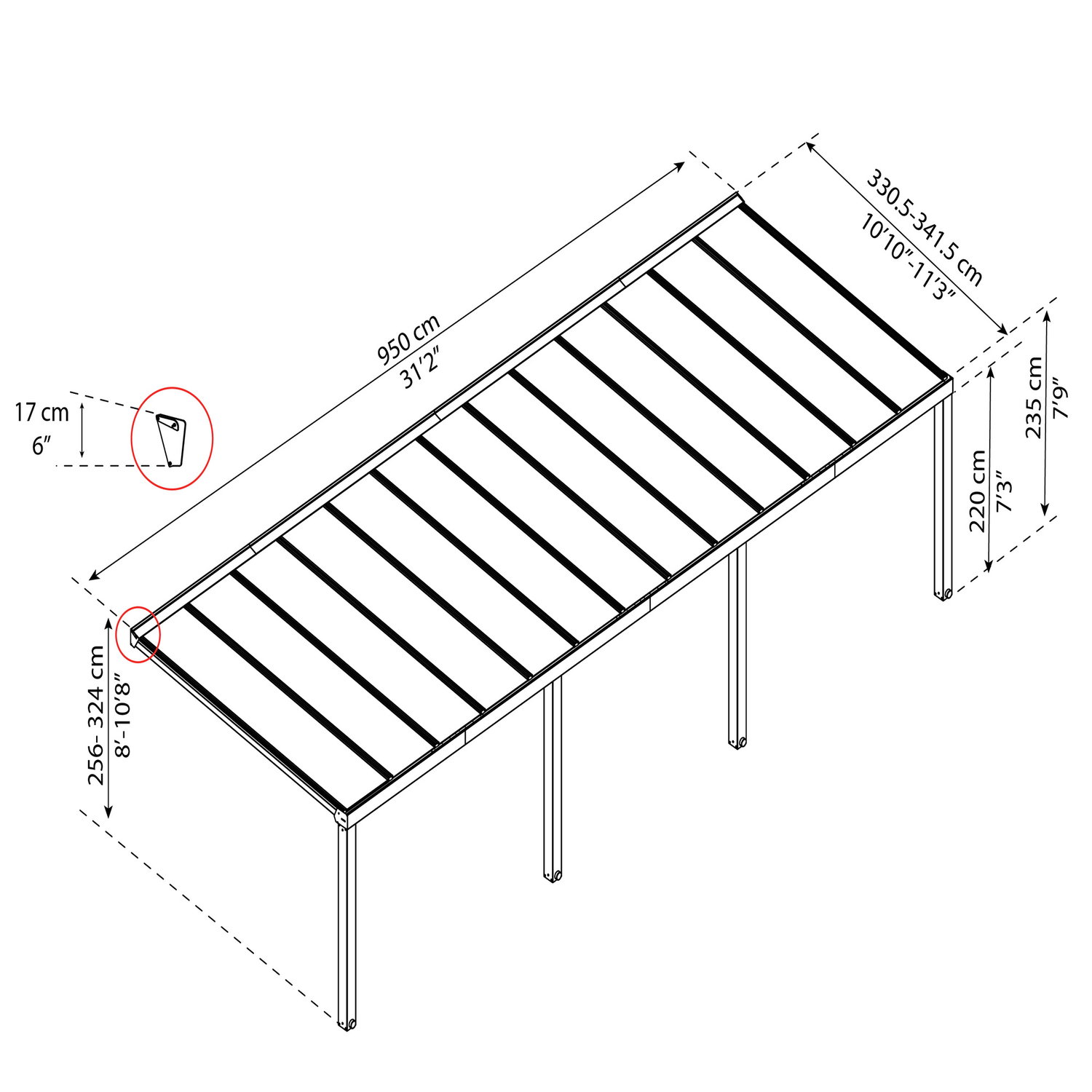Tegning af rektangulær pergola med angivne mål