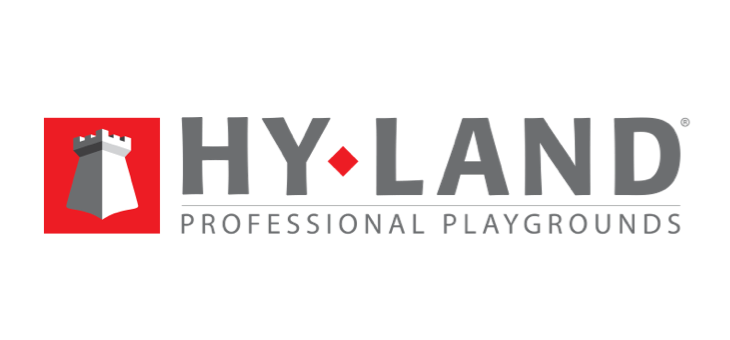 HY·LAND logo med rød firkant og borg-ikon, grå tekst 'HY·LAND' og undertitel 'Professional Playgrounds'
