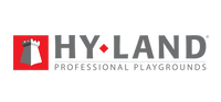 HY·LAND logo med rød borg-ikon og teksten 'Professional Playgrounds' HY·LAND logo med rød firkant og borg-ikon, grå tekst 'HY·LAND' og undertitel 'Professional Playgrounds'