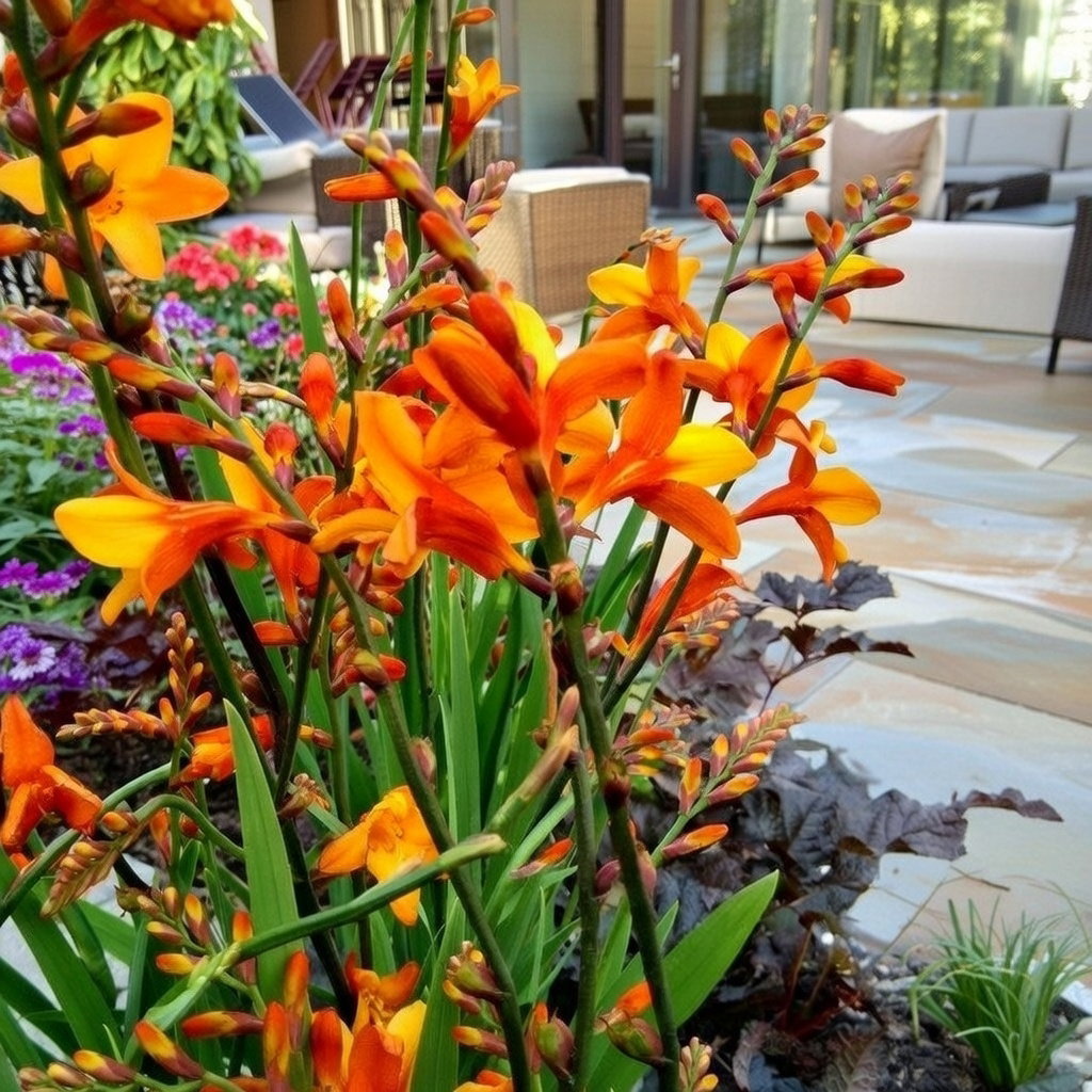 Montbretia Crocosmia orange - 20 løg fra Florex | Klare orange blomster, ca. 50 cm høj Montbretia Crocosmia orange (20 løg) fra Florex, tæt bundt af klare orange blomster og smalle grønne blade i staudebed; blomstrer juli–september, trives i solrigt, veldrænet og beskyttet sted, god som snitblomst.