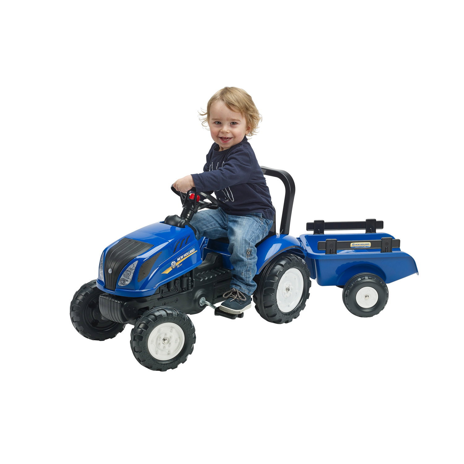 Blå pedaltraktor med trailer til børn Barn kører blå pedaltraktor med trailer