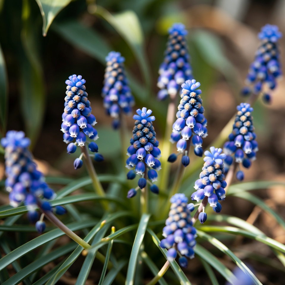 Nærbillede af Perlehyacint (Armeniacum) med tætte klaser af små, klokkeformede blomster i dyb koboltblå. Produkt: Perlehyacintløg 15 løg fra Sperli. Plant i september i solrigt eller delvist skyggefuldt, veldrænet jord. Velegnet til bede, krukker og altan