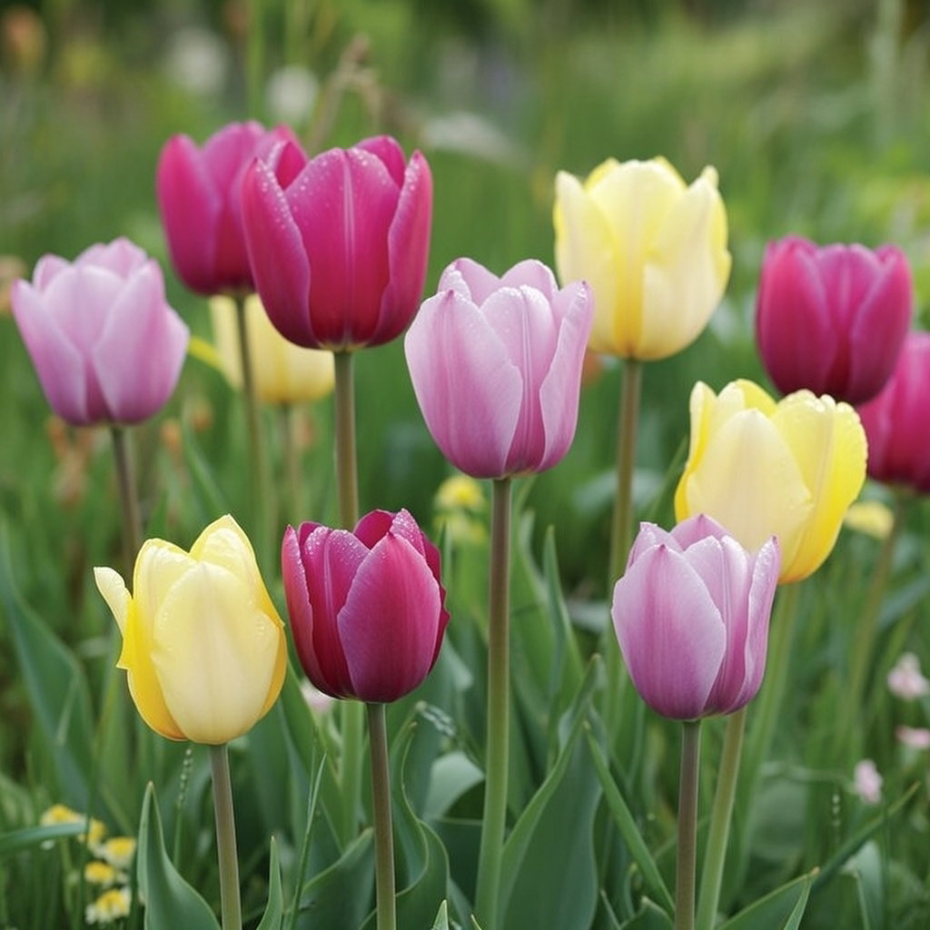 Friske tulipaner fra Prince mix (12 løg) fra Sperli i gul, lilla og lyse lilla i blomsterbed, perfekte til krukker, plantekasser og som snitblomster