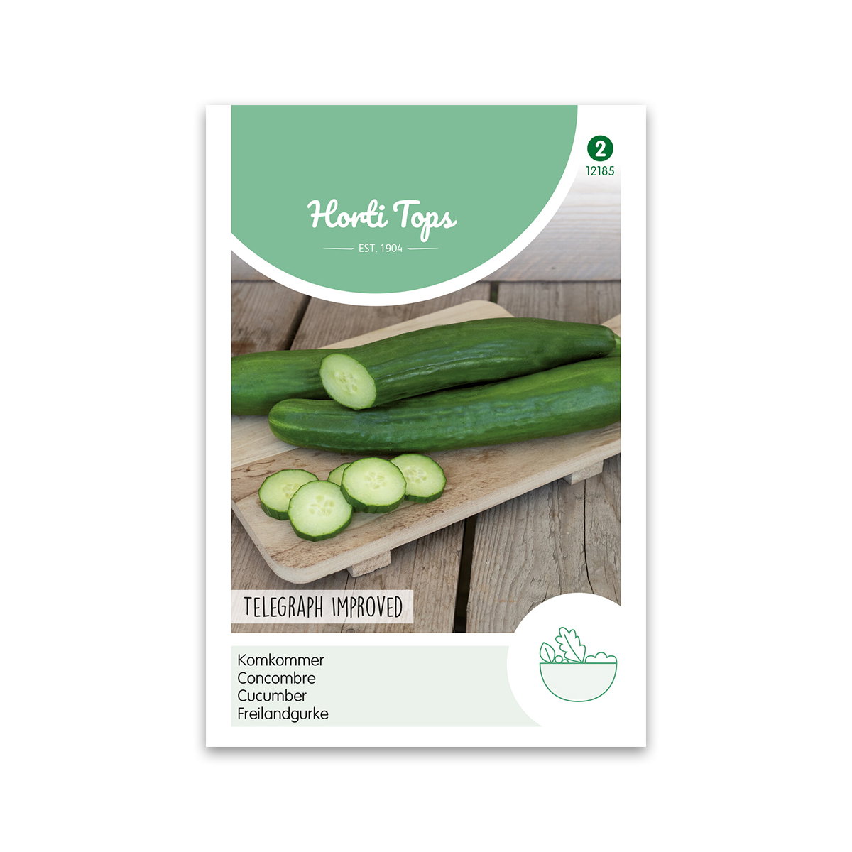 Agurkefrø 'Telegraph Improved' fra Horti Tops – lange, slanke drivhusagurker med mild smag Frøpakke Horti Tops Telegraph Improved vist på skærebræt med lange, mørkegrønne slanke agurker og skiver; få kerner, tynd skal, velegnet til drivhus og friland