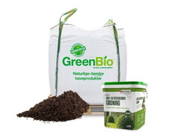 GreenBio naturlig dansk havejord og gødning GreenBio bigbag med jord og spand hæk- og plænegødning