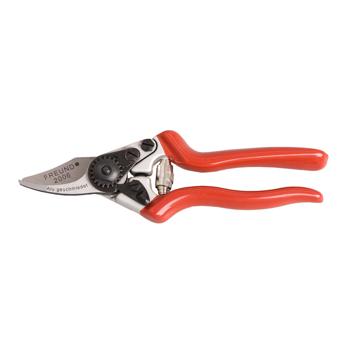 Freund Beskæresaks 2006 i rød, let smedet aluminiumskrop med skarp kulstofstål bypass-klinge, trådskærrille og ergonomiske håndtag, ideel til mindre hænder, producent Freund Victoria