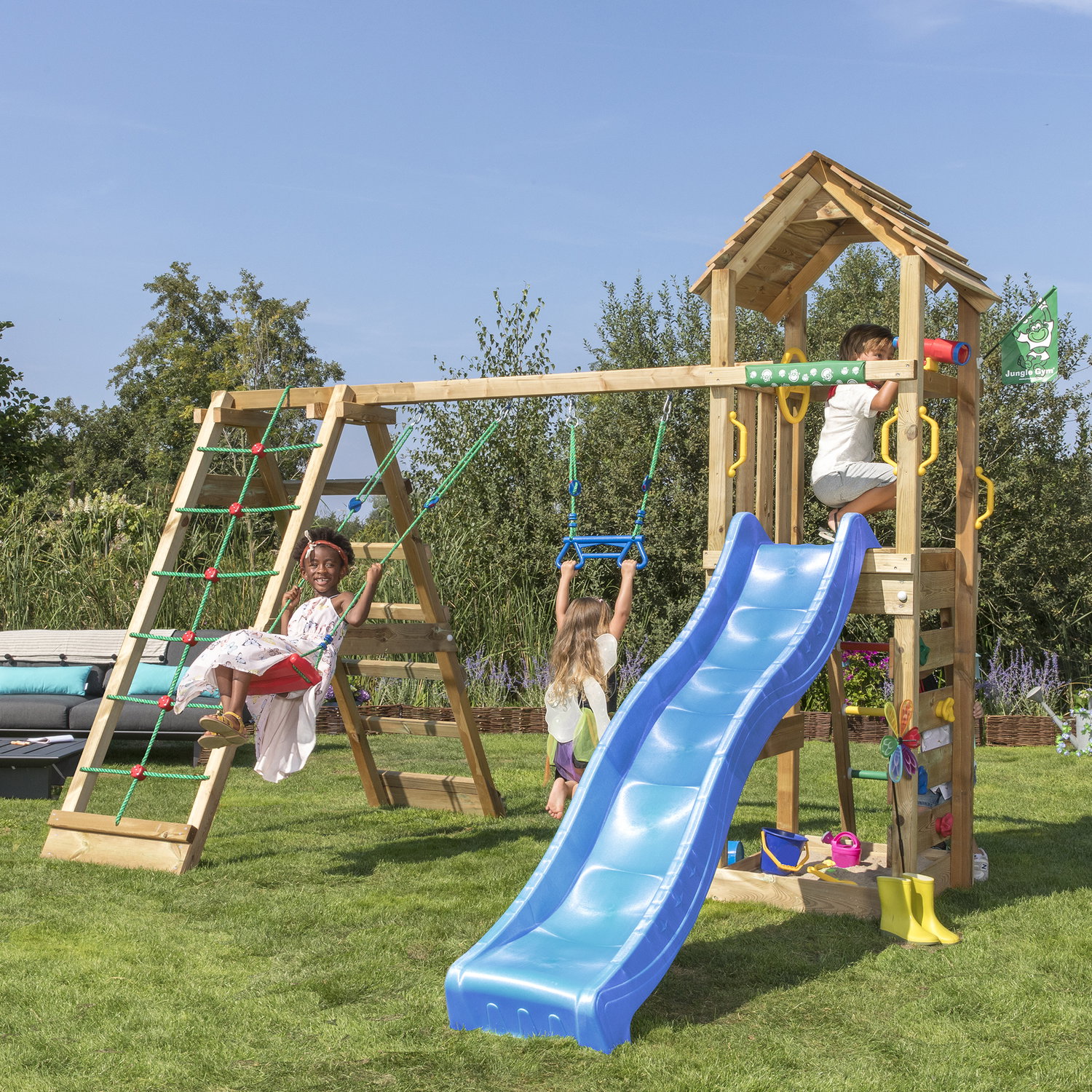 Jungle Gym Cocoon legetårn komplet inkl. klatremodul 2 og blå rutschebane - 804-071C2B