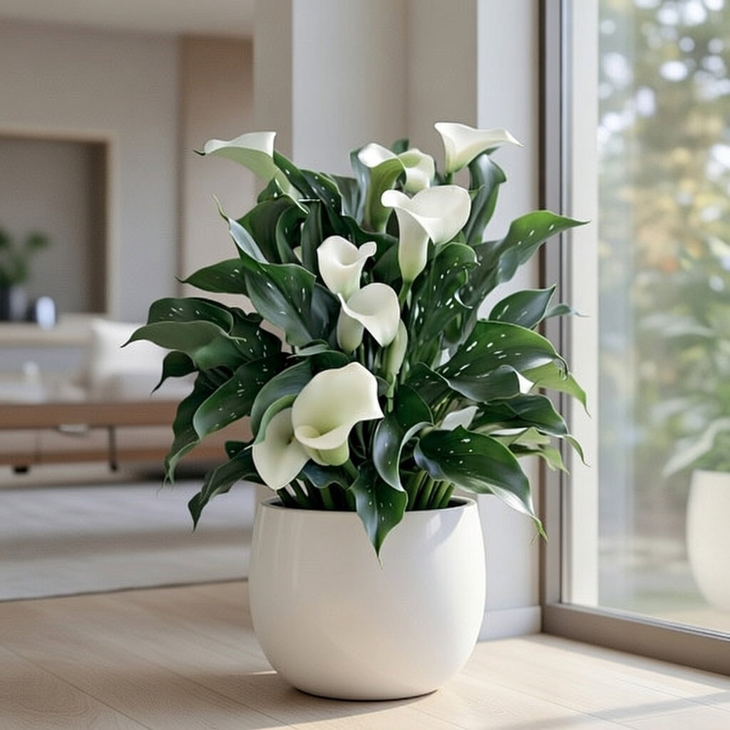 Hvid Calla (Zantedeschia Albomaculata) i hvid krukke med flere elegante hvide blomster og mørkegrønne, prikkede blade. Velegnet til haven, krukker eller som stueplante. Blomstrer juli–oktober. 1 løg fra Florex.