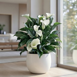 Calla Zantedeschia Albomaculata hvid - 1 løg | Florex - elegant 50–60 cm calla til haven, krukker og stue Hvid Calla (Zantedeschia Albomaculata) i hvid krukke med flere elegante hvide blomster og mørkegrønne, prikkede blade. Velegnet til haven, krukker eller som stueplante. Blomstrer juli–oktober. 1 løg fra Florex.