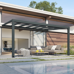 Moderne terrasseoverdækning i antracitgrå metal Terrasse med antracitgrå pergola og loungesofa ved pool
