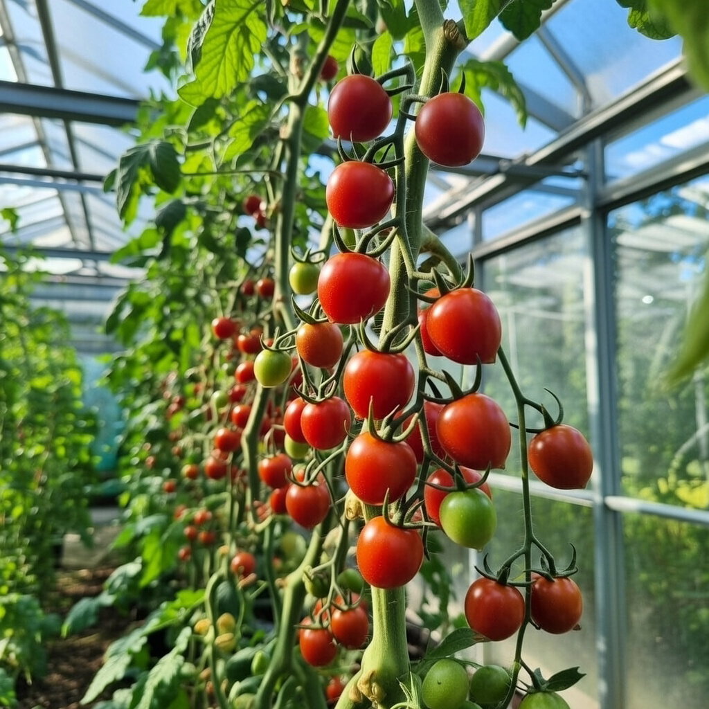 Økologisk Sweetie cherrytomat frø – Buzzy Organic | Søde røde cherrytomater til drivhus og friland Klase med modne og umodne Økologisk Sweetie cherrytomater på stilk i drivhus, små søde røde cherrytomater egnet til både drivhus og friland, frø fra Buzzy Organic