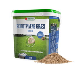 Spand med robotplæne græsfrø og bunke frø foran