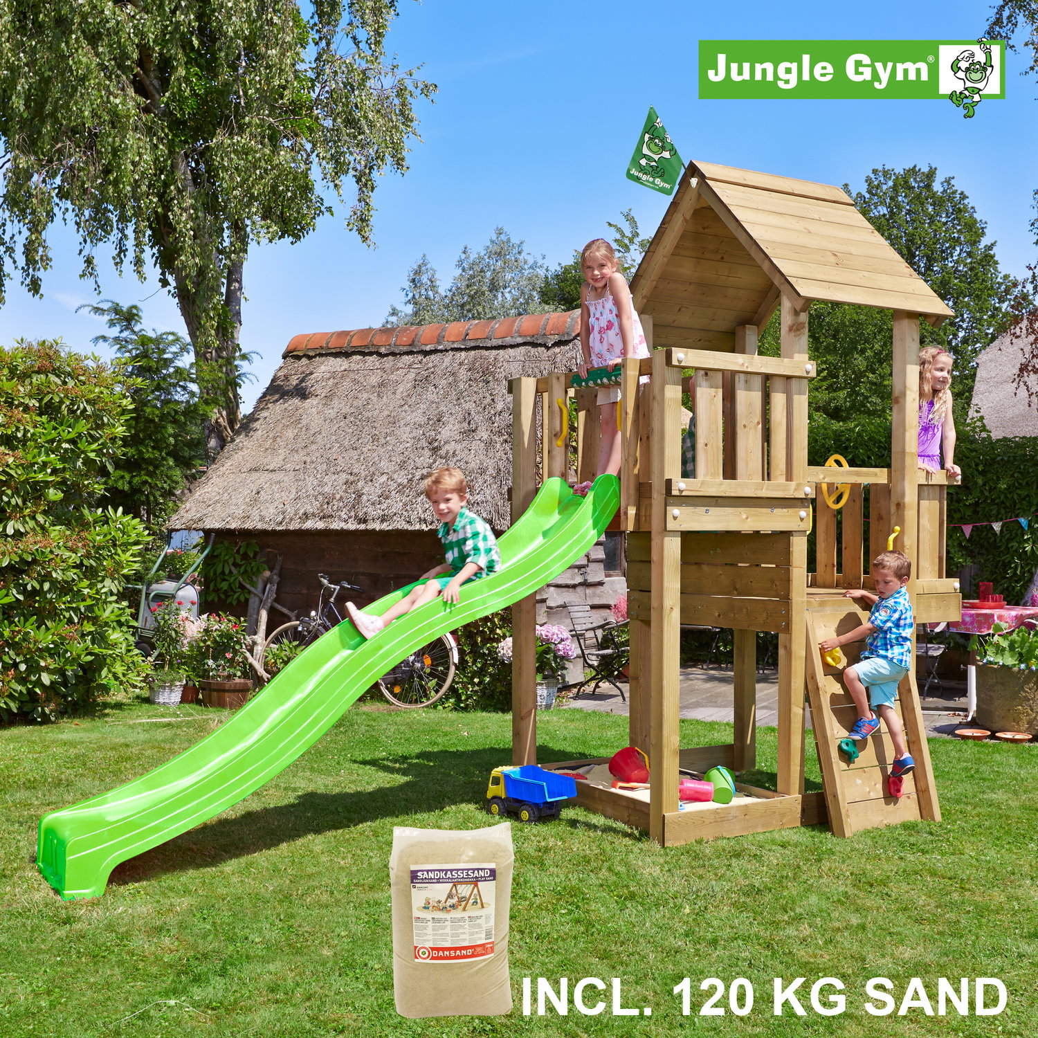 Jungle Gym legetårn med rutsjebane og sand Trælegetårn Jungle Gym med grøn rutsjebane og sandkasse