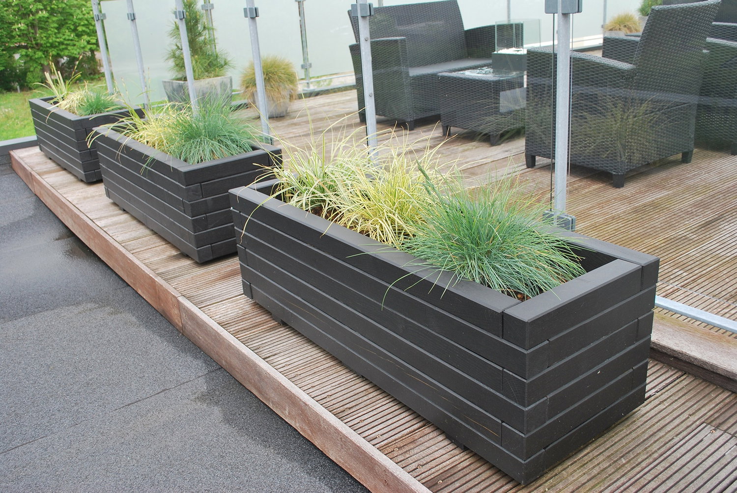 Rektangulær sort plantekasse til terrasse Moderne sorte plantekasser med græs på terrasse