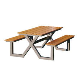 HORTUS bord-/bænkesæt X-model i teakfarvet nonwood med antracit aluminiumsstel, vedligeholdelsesfri konstruktion, slidstærkt picnicbord med integrerede bænke og god benplads