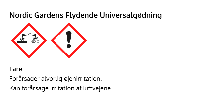 Nordic Gardens flydende universalgødning advarsler Advarselssymboler for Nordic Gardens flydende universalgødni