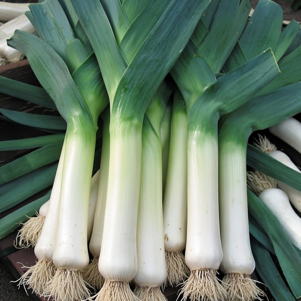 Nærbillede af friske porrer Leek De Carentan 2, økologisk sort med lange hvide stokke og grønne blade. Ideel til suppe og gryderetter – porrefrø til såning marts-maj, høst okt-jan.