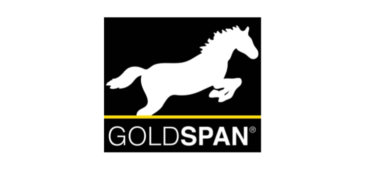Goldspan-logo med hvid springende hest over gul linje på sort baggrund