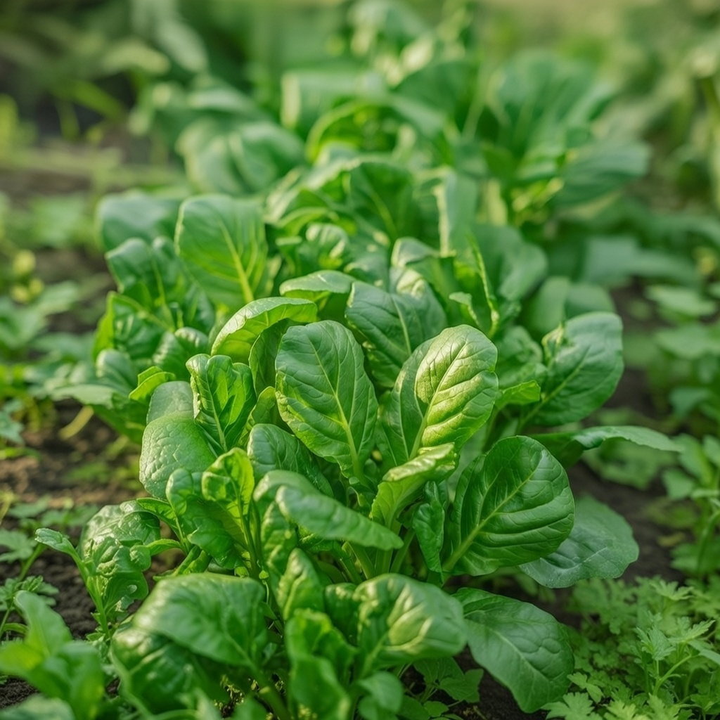 Økologisk Tatsoi-plante med mørkegrønne rosetter, ideel til forspiring fra marts–maj; dyrk i krukker eller bed, høst blad for blad eller hele rosetten